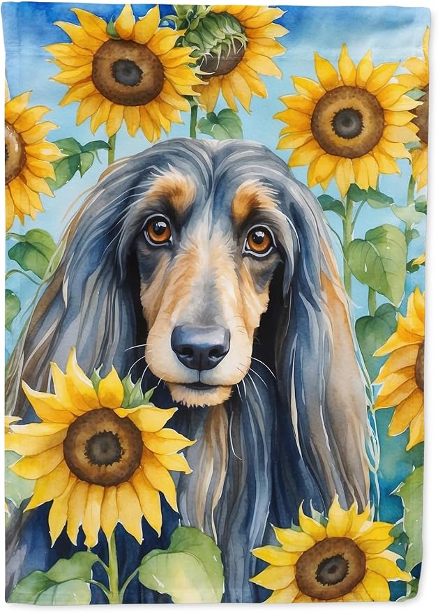 Caroline's Treasures DAC6001CHF Afghan Hound in Sunflowers House Flag Large Porch Sleeve Pole Decorative Outside Yard Banner Artwork Wall Hanging, Polyester, House Size, Multicolor