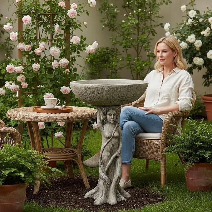 SunJet 25” High x 17” Diameter Outdoor Bird Bath with Goddess Pedestal Design - Fibre Reinforced Concrete Birdbaths for Garden, Patio, Yard, Lawn Décor