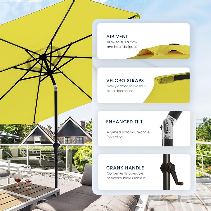 wikiwiki 9FT Patio Umbrella with Base, Outdoor Umbrellas with Base Included, 8 Sturdy Ribs, Waterproof Fade Resistant POLYESTER DTY Canopy for Deck, Lawn, Garden, Backyard & Pool, Yellow
