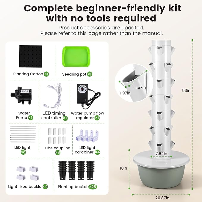 BAOSHISHAN Hydroponic Growing Tower with LED Grow Light, 7 Tiers 28 Pods | Full Spectrum Vertical Hydroponics Growing System, with 30L Water Tank, Beginner-Friendly, Ideal for Lettuce Herbs Vegetables