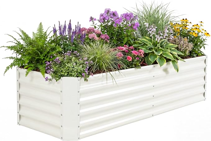 Galvanized Raised Garden Bed - 6x2x1.4ft Metal Garden Planter Box Outdoor | Steel Raised Bed Kit with Bracing Rods, Gloves for Gardening Vegetables Fruits and Flowers (White)