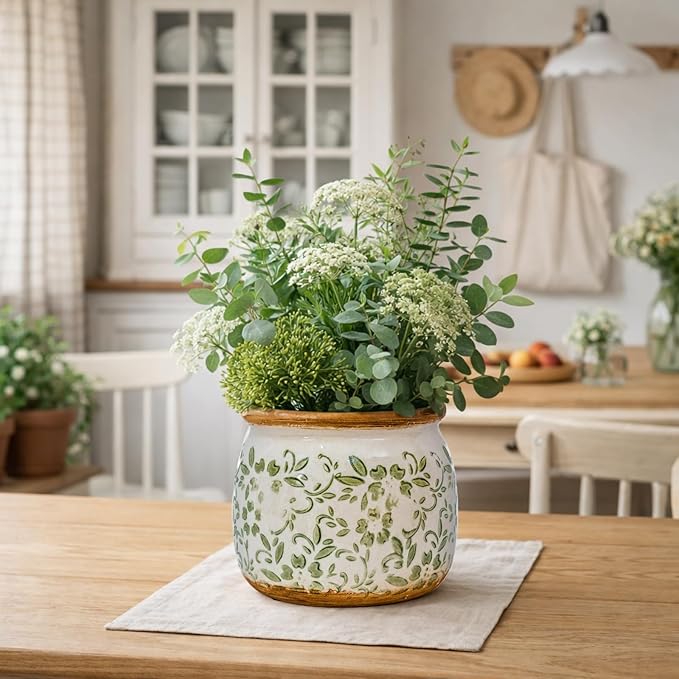 Vintage Ceramic Flower Pots - Indoor Outdoor Planters with Drainage Holes & Filter Screen, 6.5’’& 9’’ Rustic Farmhouse Decorative Plant Pots for Garden/Patio (Green Vines, Small to Large Bundle)