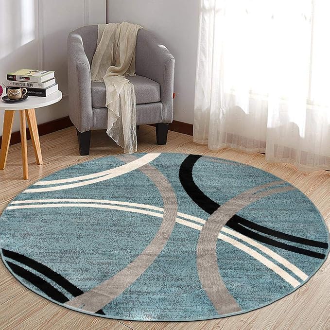 Rugshop Wavy Circles Modern Jute Backing Living Room Round Rug Blue 8' | Round, Bedroom, Dining Room, Home Office, Kitchen, Entryway, Hallway, Nursery, Kids Room, Guest Room, High Traffic Area