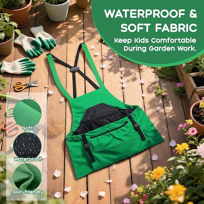 Kids Gardening Apron,Canvas Garden Apron with Pockets and Harvesting Pouch for 6-12 Grils and Boys