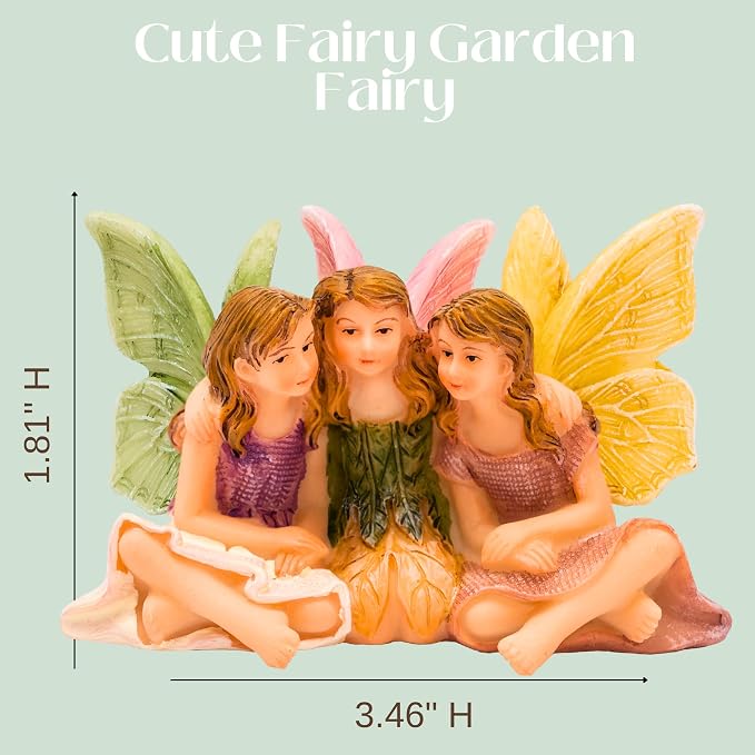 PRETMANNS Fairies for Fairy Garden Accessories Outdoor Indoor Miniature Garden Figurines Hand-Painted Resin Fairy Figures Set 3 Sitting Sisters Fairy Buddies | Hand-Painted Resin Figurines, Outdoor or Indoor Miniature Garden Accessories