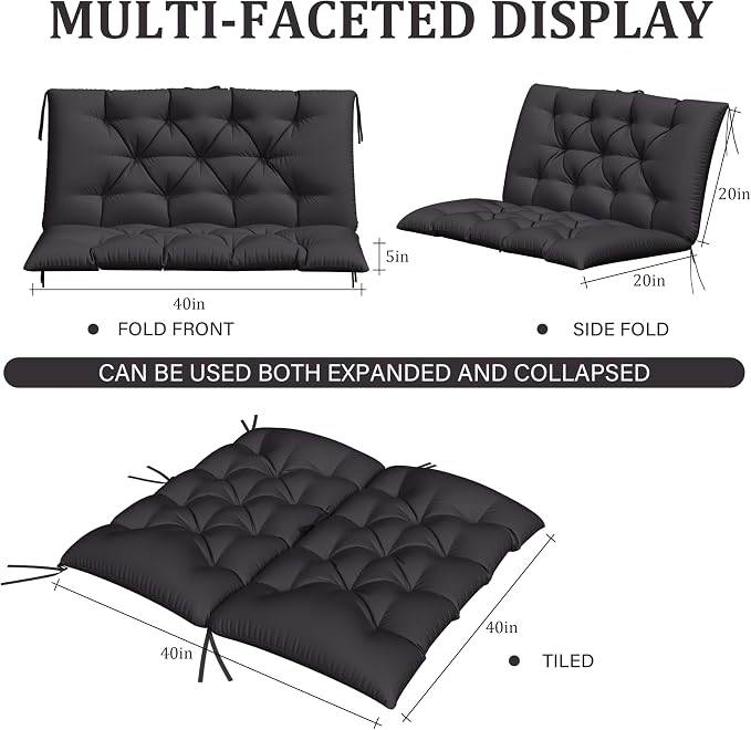 Porch Swing Cushion with Backrest,Waterproof Bench Cushion for Outdoor Furniture,2-3 Seater Replacement Thickened 5 in swing cushion,with Ties,Patio,Outdoor,Backyard and Garden (Grey,40x40 in)