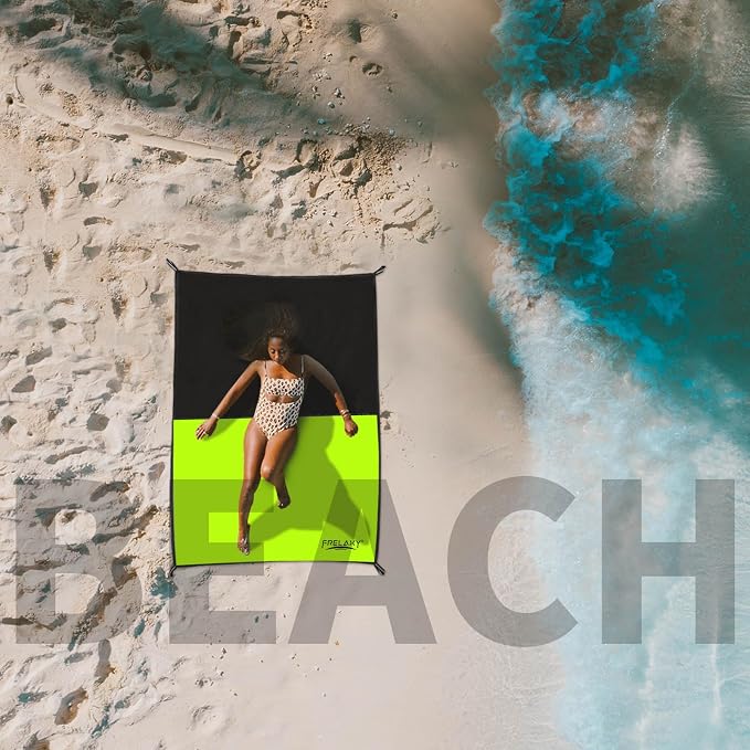 Frelaxy Pocket Picnic Blanket, Waterproof Sandproof Beach Mat, Compact Camping Tarp for Festivals, Hiking, Travel, Outdoor Recreation (Neon Green & Black, 57'' x 60'')