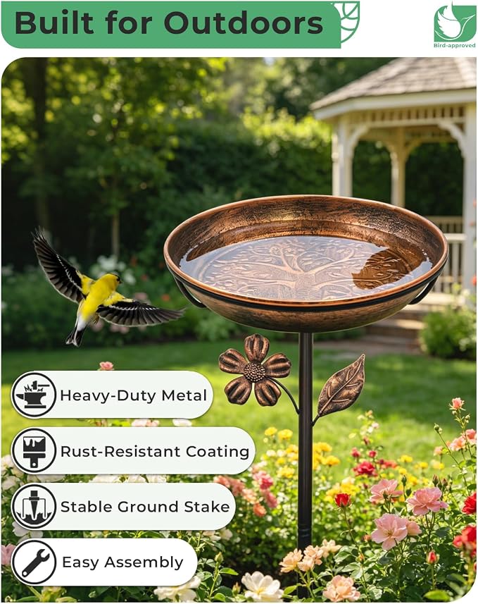 Metal Bird Bath for Outside 12" Tree of Life Birdbath Bowl with Stake | Adjustable Height Vintage Outdoor Bird Bath | Rust Resistant Easy to Clean for Garden Yard Lawn Decor Decor, Copper