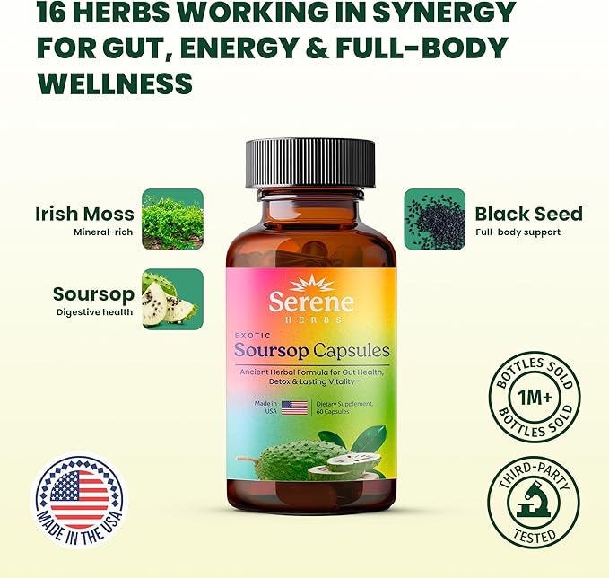 Serene Herbs Graviola Soursop Capsules Organic - Guanabana Extract Pills with Black Seed, Irish Moss & Moringa - 16 Herb Daily Supplements & Digestive Support - Vegan, Non-GMO (Pack of 1)
