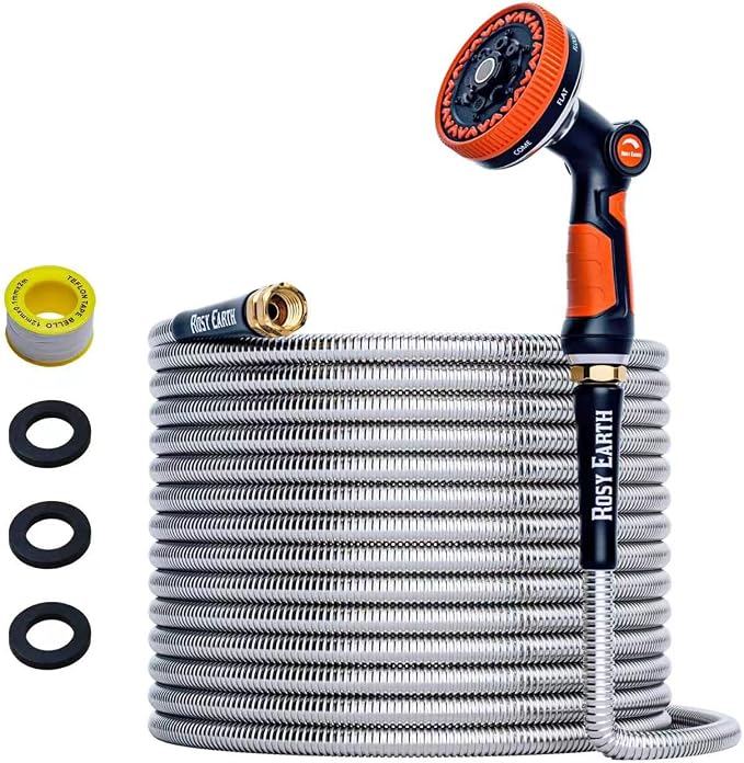 Rosy Earth 50ft Stainless Steel Garden Hose, Heavy Duty Metal Water Hose with 8 Functional Ultra-Wide Nozzle, No-Kink Outdoor Hoses Flexible Tough Water Hose Sprayer for Yard, RV