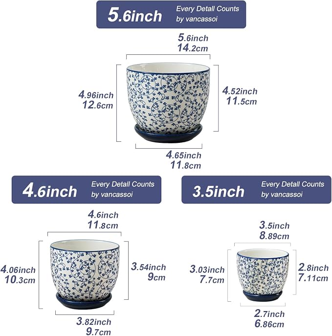 Ceramic Plant Pots - 3.5"+4.5"+5.6" Flower Pots with Drainage Holes and Saucers - Planters for Indoor Plants Orchid, Cactus, Herbs, Succulent, Home Office, Set of 3, Vintage Blue, Scroll