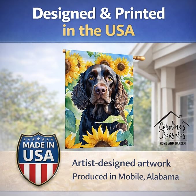 Caroline's Treasures DAC6011CHF American Water Spaniel in Sunflowers House Flag Large Porch Sleeve Pole Decorative Outside Yard Banner Artwork Wall Hanging, Polyester, House Size, Multicolor