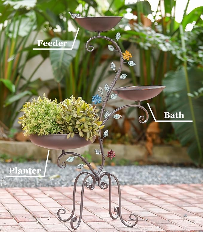 37" H Bird Bath Feeder and Planter for Outdoors, 3-in-1 Metal Birdbaths Stand Vintage Pedestal Bird Bowl for Outside Garden Yard Patio Lawn Decor