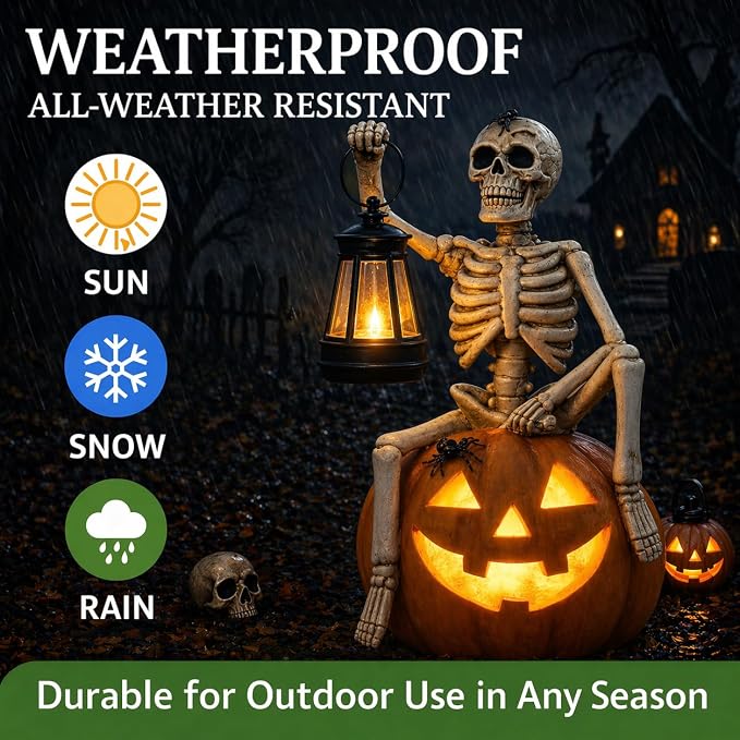 Halloween Outdoor Decorations Solar Lighted Skeleton Pumpkin Statue with Lantern 9.3 Inch Resin Jack O Lantern Yard Decor Halloween Skeleton Decoration for Porch Patio Garden Lawn
