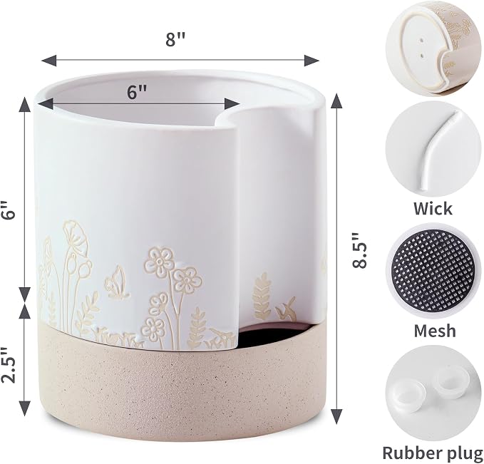 Nihow Self Watering Pots for Indoor Plants,8 Inch,White & Nature | Hand Painting,Ceramic Planter, Drainage Hole & Water Storage Plus, Cylinder Round Flower Pot, For Succulent/Herbs/Violets