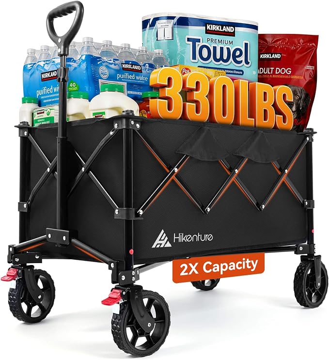 Hikenture Wagons Carts Foldable 330LBS, Heavy Duty Collapsible Wagon | Utility Wagon for Grocery, Garden, Camping & Sports Gear; One-Hand Fold; 360-Degree Wheels; Built-In Wheel Brake