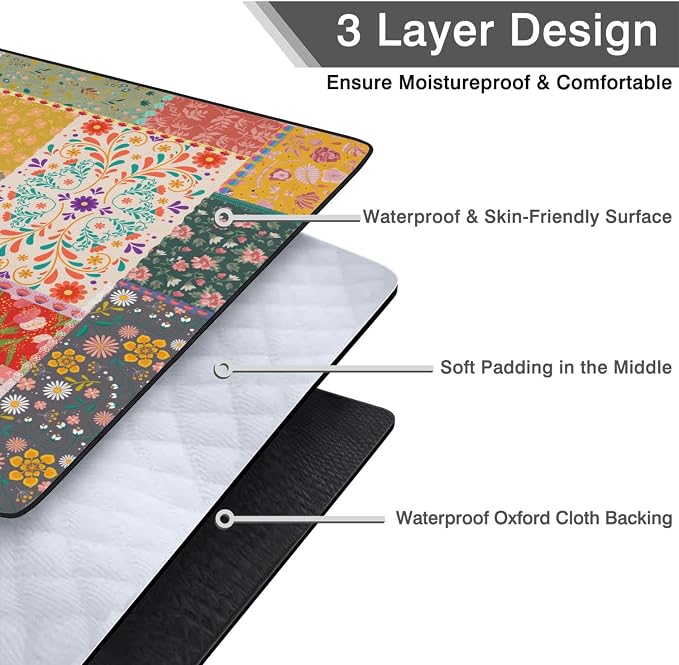Boho Flower Picnic Blankets Waterproof Foldable, 60’‘x80'' Portable Outdoor Picnic Mat Water Resistant for Grass, Padded Lawn & Park Blanket for Camping, Hiking