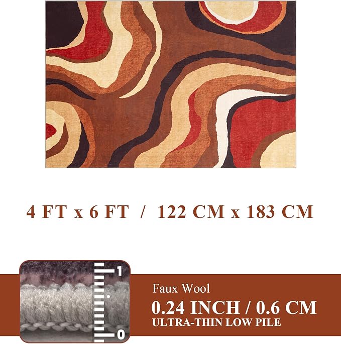 Burnt Orange Rug 4x6 Washable,Farmhouse Brown Retro Carpets,Geometric Abstract Wavy Rug for Bedroom,Unique Colorful Rugs for Living Room,Dining Room,Bedside Rugs