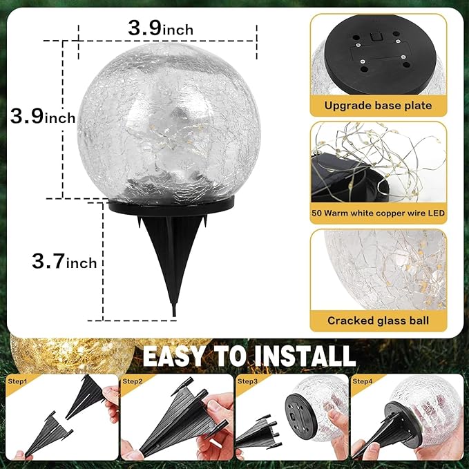 SyouHome Solar Garden Lights Outdoor Waterproof, 4 Pack LEDs Cracked Glass Ball Light, Ground Landscape Garden Decor, Solar Globe Decorative for Pathway/Patio/Lawn/Yard (Multicolor)