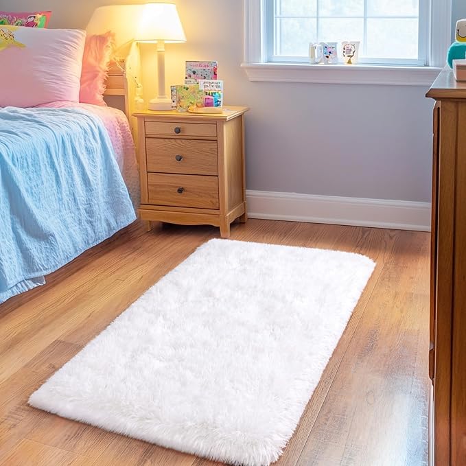 2x3 Small White Rugs for Bedroom, Soft Fluffy Shaggy Bedside Throw Rugs for Living Room, Indoor Floor Carpet for Kids Girls and Boys, Nursery Rooms, Home Decor Aesthetic