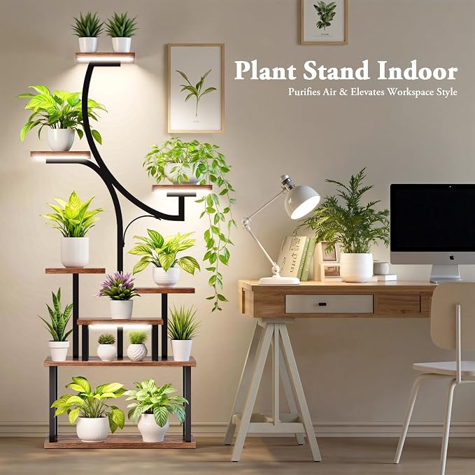 softeen Plant Stand Indoor with 4 Grow Lights & 3 Colors, 8 Tiered Corner Plant Shelf, 63" Tall Plant Stands for Indoor Plants Multiple, Metal Flower Display Shelves Holder for Home(Dark)