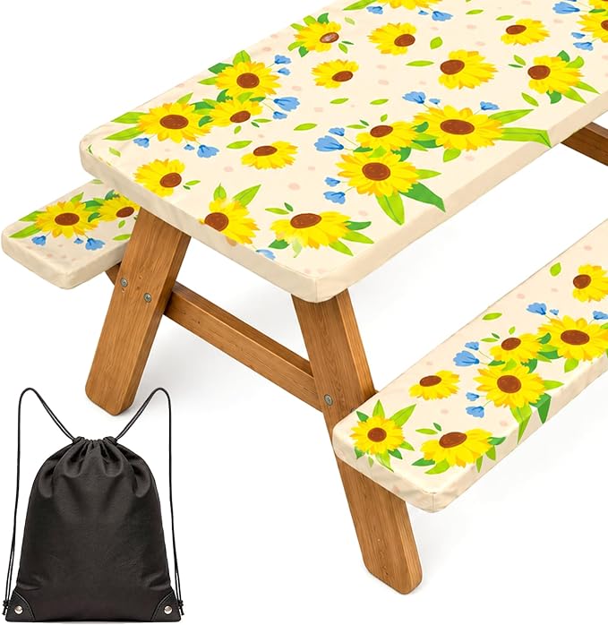 NUOLAN 6FT Picnic Table Cover with Bench Covers, Sunflower Print Windproof Waterproof Fitted Picnic Table with Elastic for Picnic, Camping, Outdoor