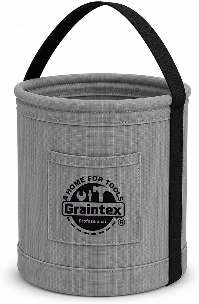 Graintex Canvas Utility Bucket 12"x15", Round Tool Bucket, Reinforced Base & Carry Handle, Ripstop Canvas, Multi-Purpose Bag for Jobsite, Home Use (Steel Grey)