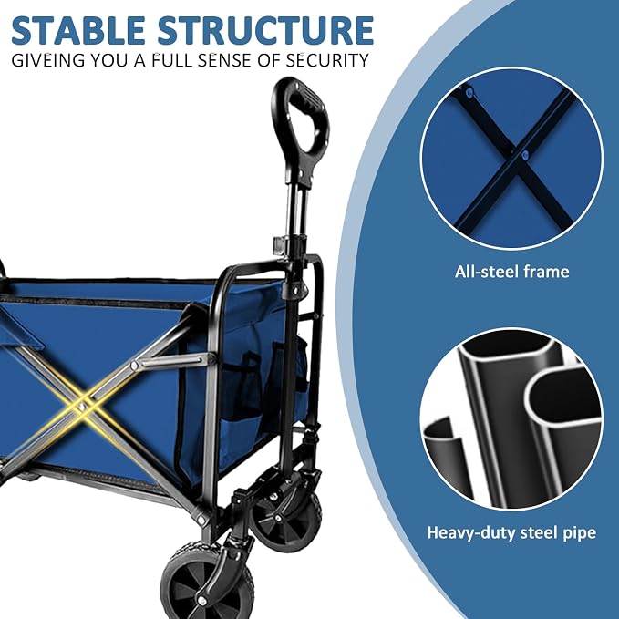 Collapsible Utility Cart Folding Wagon, 320lbs Capacity Lightweight Rolling Cart with Quiet Wheels, Quick-Fold Design for Camping, Shopping, Ourdoor Use, Blue