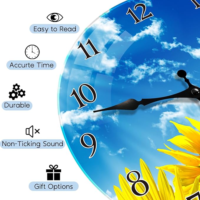 Britimes Round Wall Clock Silent Non-Ticking Battery Operated Glass Outdoor Waterproof Clock 12 Inch, Sunflower Summer Home Decor for Living Room, Kitchen, Bathroom, Bedroom, and Office