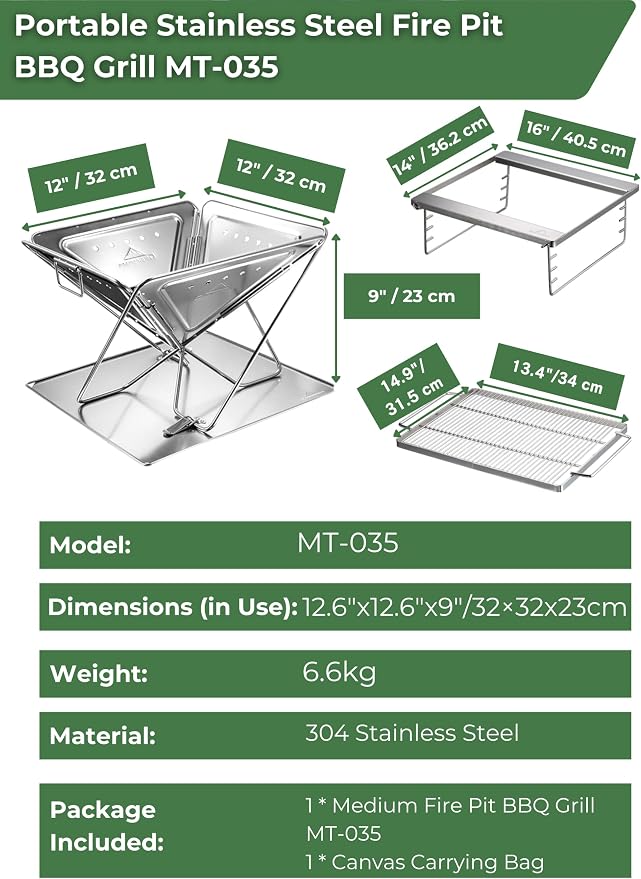 CAMPINGMOON 3 in 1 Portable Fire Pit 12 inch Foldable Stainless Steel Wood Burning Camping Stove BBQ Grill for 3 People Adjustable Height Outdoor Cooking Campfire Carry Bag included MT-035