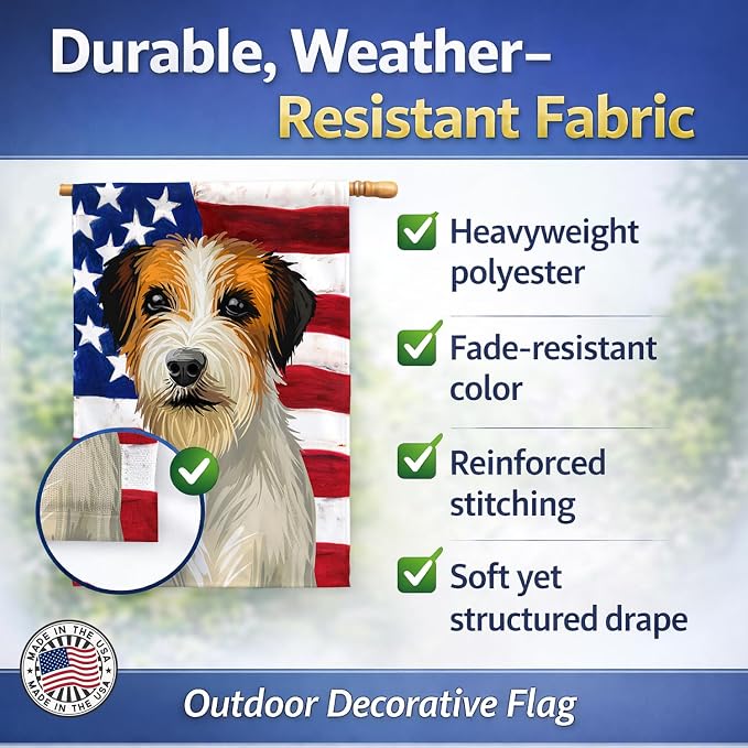 Caroline's Treasures CK6678CHF Russell Terrier Dog American Flag House Flag Large Porch Sleeve Pole Decorative Outside Yard Banner Artwork Wall Hanging, Polyester, House Size, Multicolor