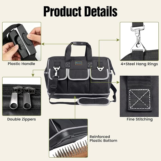 Tool Bag, Ounic 18 Inch Large Tool Tote Bag Heavy Duty With Waterproof Molded Base, Wide Mouth Tool Box Organizer with Adjustable Shoulder Strap for Electrician Mechanic Craftsman Plumbers(Black)