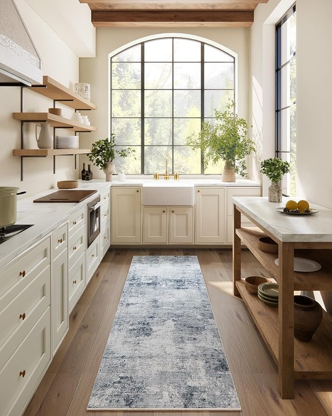 Machine Washable Rug Runners for Hallways: 2x10 Long Runner Rug Non Slip Low Pile Soft Faux Wool Distressed Vintage Lightweight Carpet Runners for Kitchen Entryway Bedroom Dining Room Foyer Office