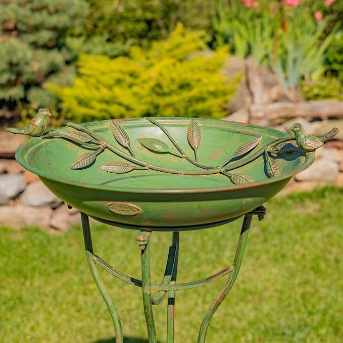 Zaer Ltd. Deep Well Made Metal Birdbath with 2 Cast Iron Birds and Leaf Decoration (Verdi Green)
