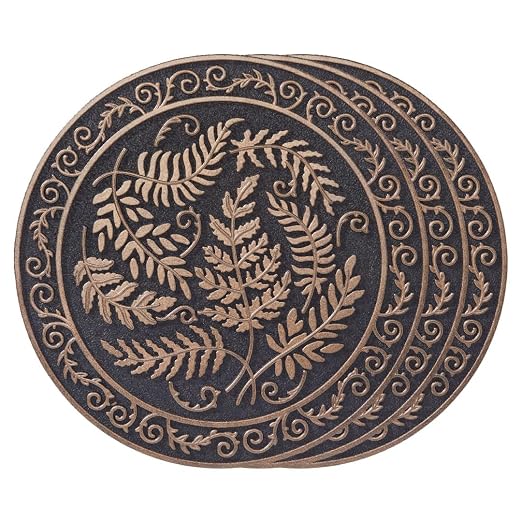 HF by LT Deluxe Rubber Stepping Stone, Fern Medallion Design, Heavy Duty 13"" All-Weather Garden Tile, Black with Antique Bronze Finish, Set of 3, TR0787