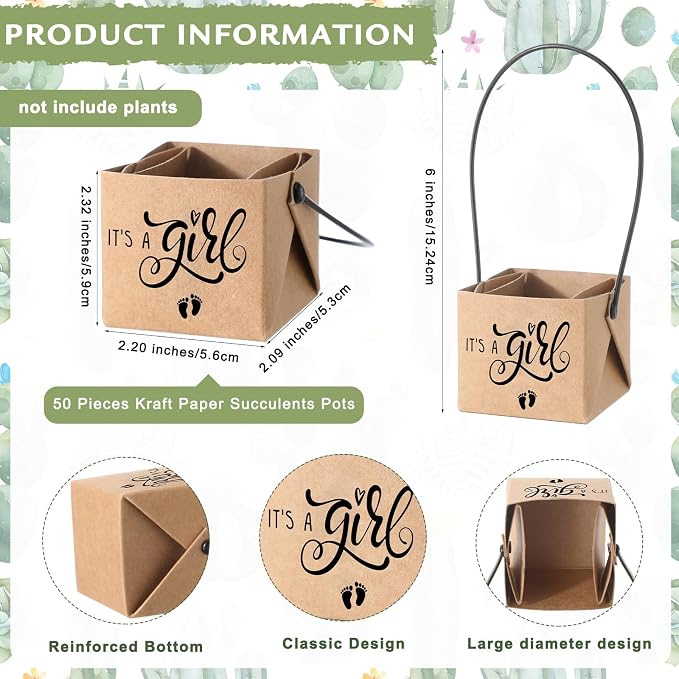 Geetery 101 Pcs Succulent Baby Shower Party Favor 1 Wooden Table Sign 50 Tags and 50 Kraft Succulent Pots for Guest Baby Shower Favors Gifts(Girl)