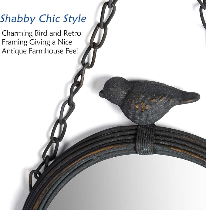 NIKKY HOME Shabby Chic Small Wall Mirrors Decor Decorative Metal Framed Hanging Round Mirror Vintage Rustic with Sparrow for Bathroom Living Room Office, Antiqued Black