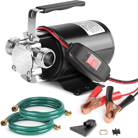 Water Transfer Pump, 12V 1/10HP Electric Utility Pump with On/Off Switch 2 * 6 ft Water Hoses Kit for Removing Water from Garden Pools Aquariums Hot Tub Draining 1/8’’ Low Suction for Rain Barrel