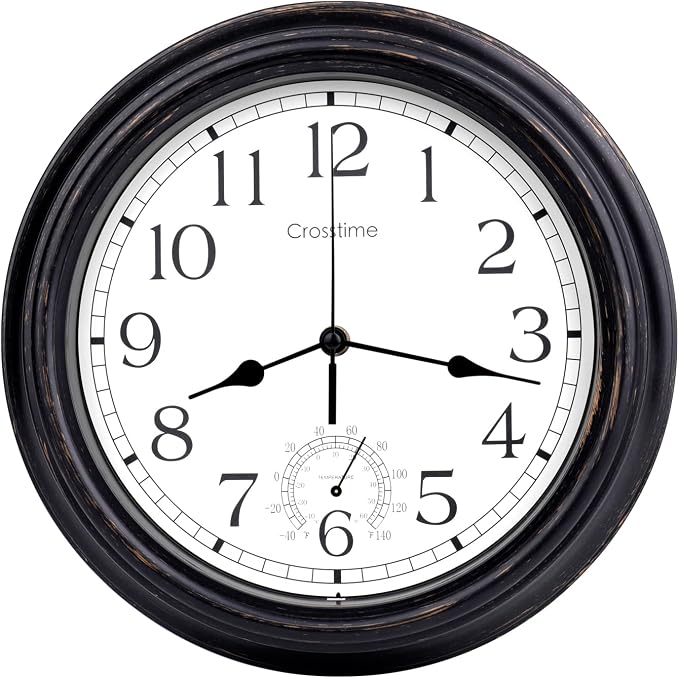 12 Inch Retro Indoor Outdoor Clocks Waterproof with Thermometer Easy to Read Silent Quality Quartz Vintage Bathroom Clock Battery Operated for Patio,Home,Garden Decor (Bronze)
