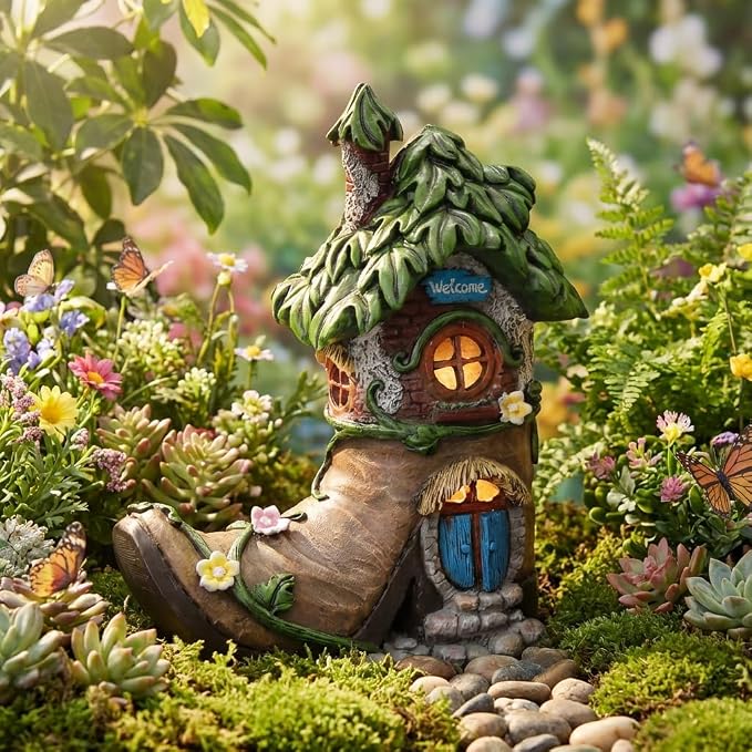 TERESA'S COLLECTIONS Boot Fairy House Garden Statues with Solar Outdoor Light, Resin Fairy Garden Accessories Outdoor Christmas Decorations Lawn Ornaments Yard Decor Thanksgiving Gifts for Mom, 8.5"