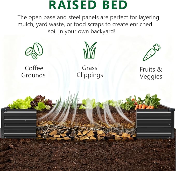 Meberam 2 Pack 6x3x1FT Galvanized Raised Garden Bed Kit, Outdoor Metal Planter Box for Vegetables, Bottomless Rectangular Gardening Bed with Support Rods, Tool-Free Assembly, Black