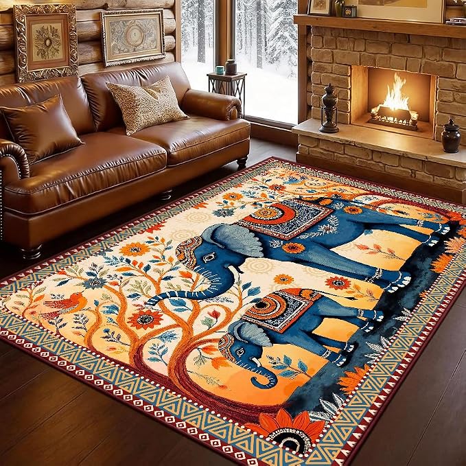 Boho Elephant Family Area Rug, 5x7ft Vintage Floral Mandala Tribal Pattern TPE Backing Non-Slip Washable Carpet, Bohemian Ethnic Floor Mat for Living Room Bedroom Entryway Farmhouse Home Decor