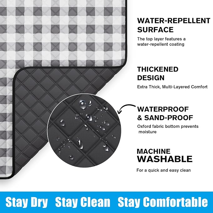 TigeJoy Extra Large Picnic Blanket Waterproof Foldable 80''x118'', Outdoor Picnic Mat Beach Blanket Sandproof for Park, Grass, Travel, Hiking, Camping Essentials, Gingham Picnic Blanket