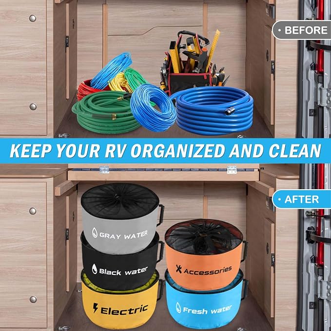 5 Pack RV Sewer Hose Storage with Drawstring Mesh Top, Waterproof RV Accessories Bags Utility Bag Organizer for Garden Fresh Water Hoses Electrical Cords Camper Tools