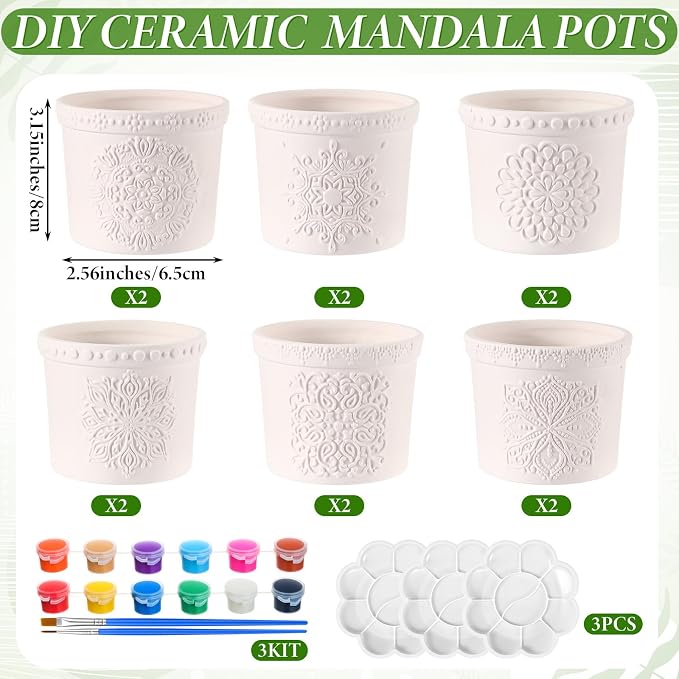 Zubebe Paint Your Own Ceramic Pots Bulk Unfinished Succulent Pots Craft Kit with Drainage Hole Mini Paintable Plant Vase Ready to Paint Planter for Cactus Purple Mandala DIY Craft Painting