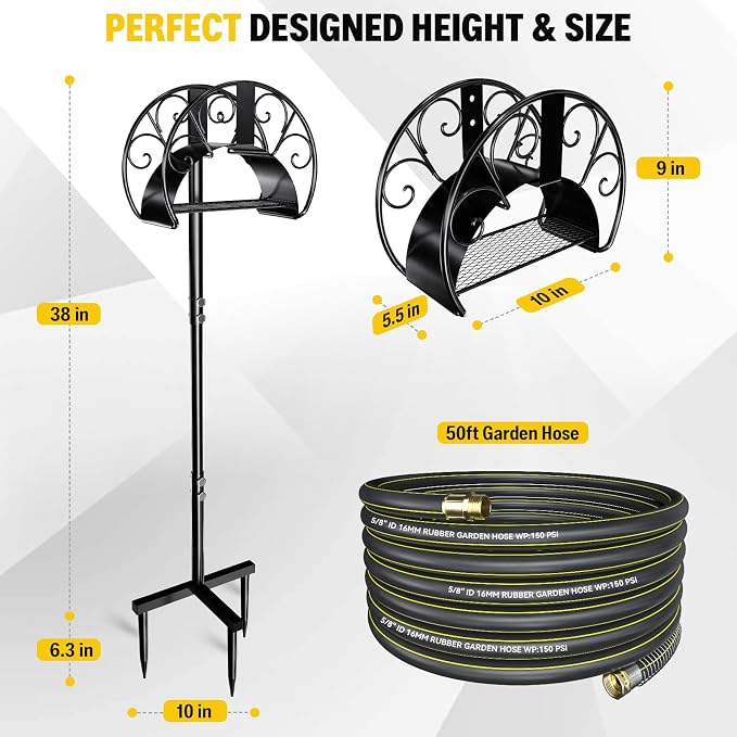 Garden Hose Holder with 50ft Kink Free Water Hose Kit, Metal Heavy Duty Freestanding Garden Hose Hanger Storage Stand, Hose Storage for Outside Yard Lawn Farm, Outdoor Organizer