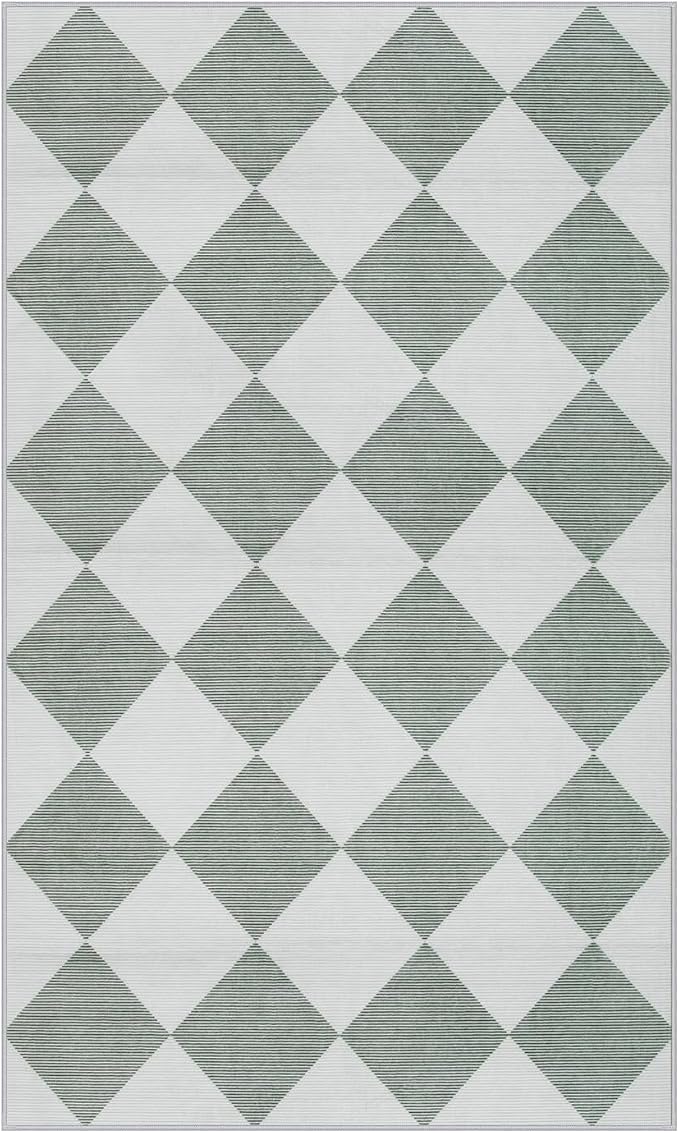 Beeiva Checkered Print 3x5 Washable Rug for Entryway, Non Slip Soft Small Bedroom Rug 3x5 Ultra Thin Moroccan Bathrooom Decor, Gingham Plaid Carpet for Laundry Entry Kitchen Nursery (Green/White)
