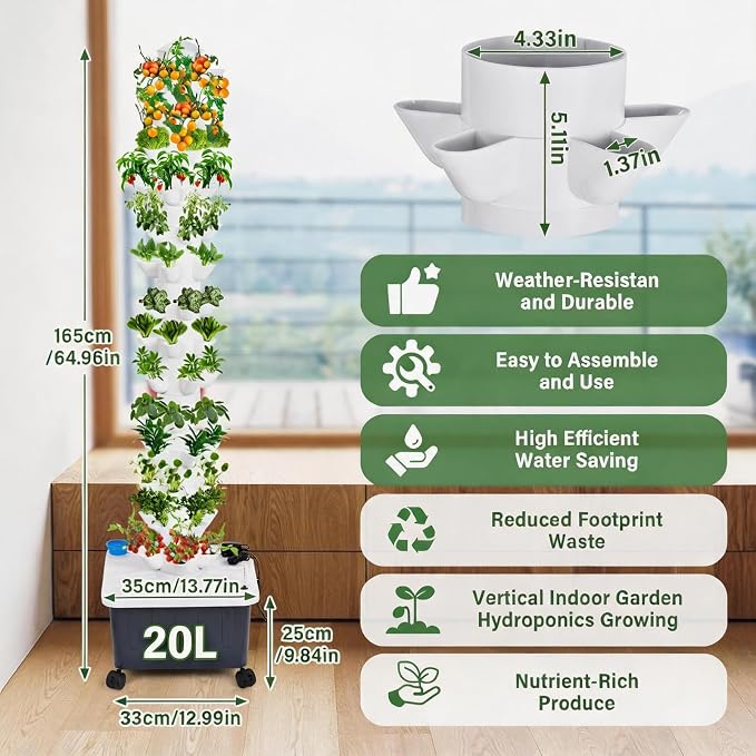 Hydroponic Growing Tower 70 Crops Vertical Aeroponic Tower with 20L Water Tank & Circulation Pump Complete Indoor Garden Kit for Apartment Balcony
