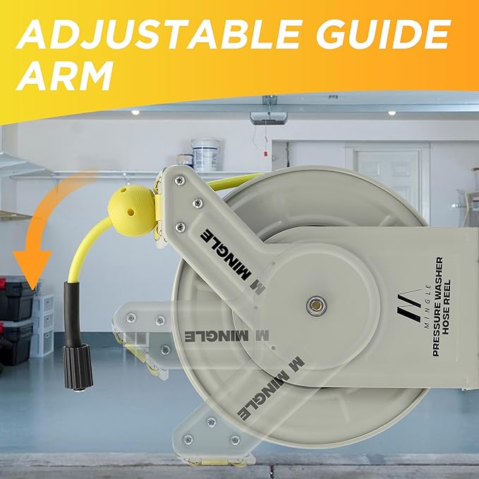 M MINGLE Retractable Pressure Washer Hose Reel, 1/4" × 60ft Heavy Duty Professional Hose Reel, Auto Rewind Power Washer Hose Reel, Wall/Floor Mounted, 3600 PSI