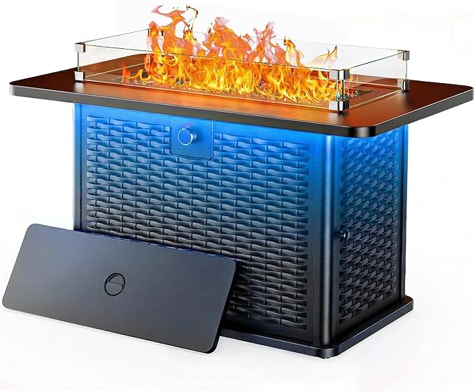 Ciays 43" Rectangular Propane Fire Pit with RGB Lighting Strip – 60,000 BTU Gas Fire Pit Table, Glass Stones, Wind Guard, Adjustable Flame, Outdoor Fire Pit for Patio & Garden, Black